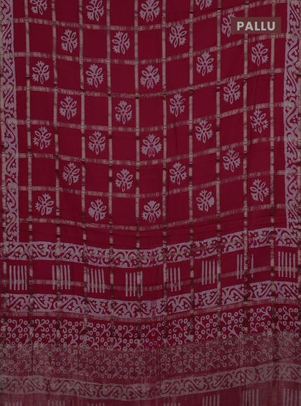 Semi chanderi saree red with allover zari checks & batik prints in borderless style