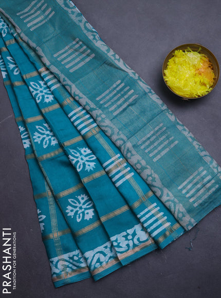 Semi chanderi saree teal green with allover zari checks & batik prints in borderless style