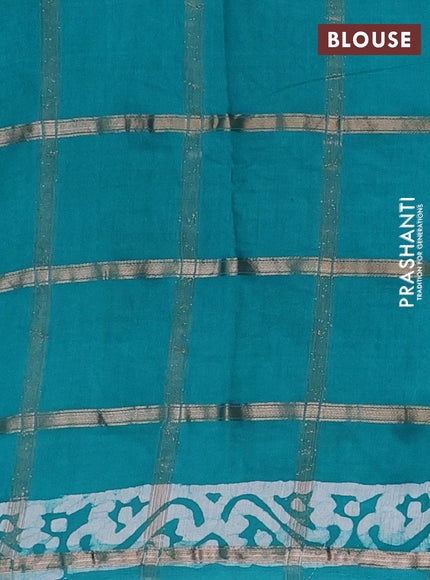 Semi chanderi saree teal green with allover zari checks & batik prints in borderless style
