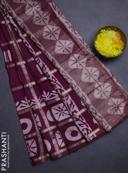 Semi chanderi saree wine shade with allover zari checks & batik prints in borderless style
