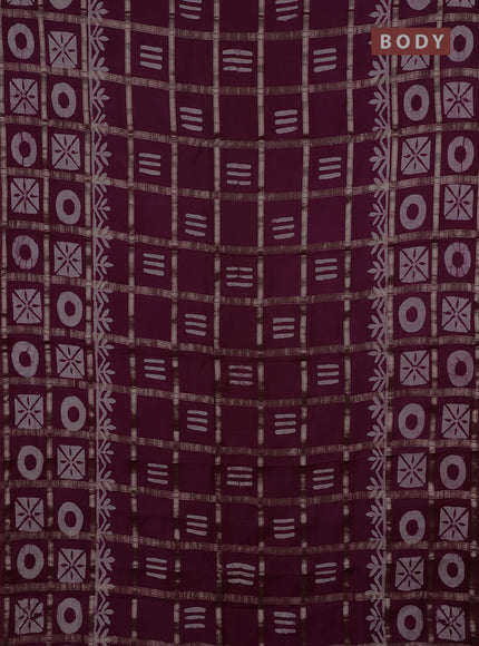 Semi chanderi saree wine shade with allover zari checks & batik prints in borderless style