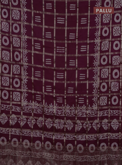 Semi chanderi saree wine shade with allover zari checks & batik prints in borderless style
