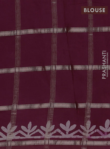 Semi chanderi saree wine shade with allover zari checks & batik prints in borderless style