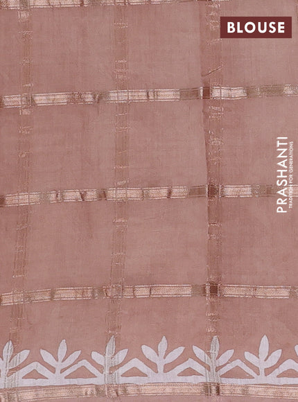 Semi chanderi saree sandal with allover zari checks & batik prints in borderless style