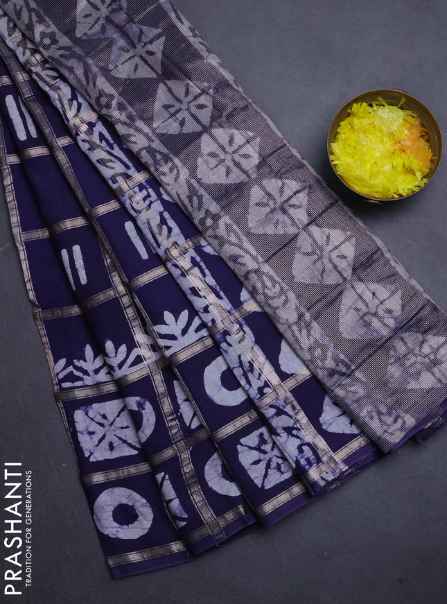 Semi chanderi saree navy blue with allover zari checks & batik prints in borderless style