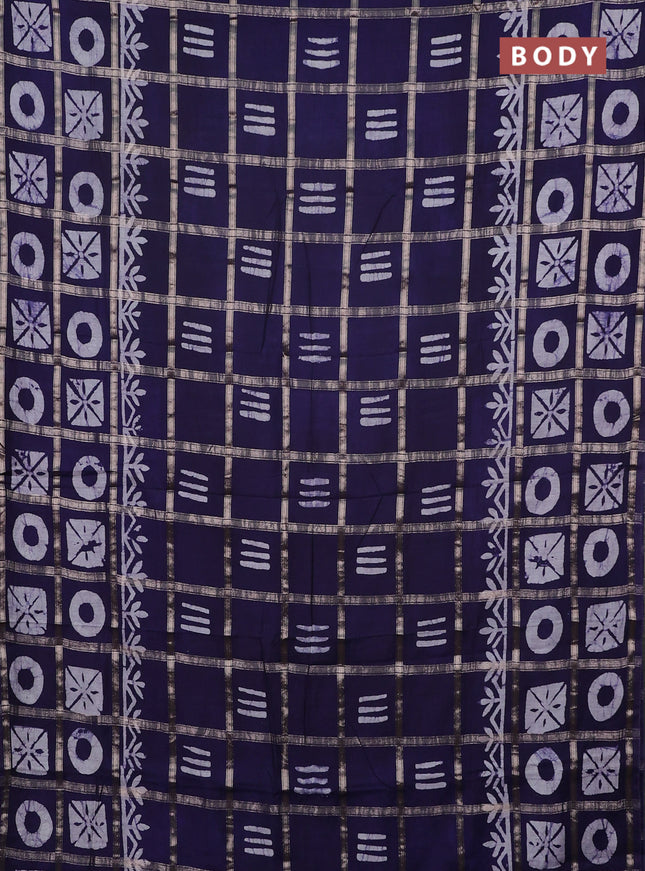 Semi chanderi saree navy blue with allover zari checks & batik prints in borderless style