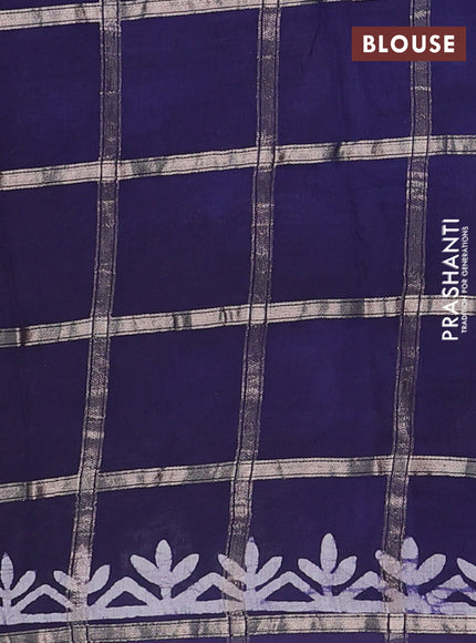 Semi chanderi saree navy blue with allover zari checks & batik prints in borderless style