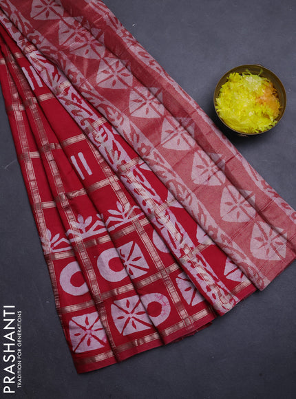 Semi chanderi saree red with allover zari checks & batik prints in borderless style