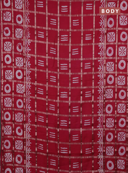 Semi chanderi saree red with allover zari checks & batik prints in borderless style