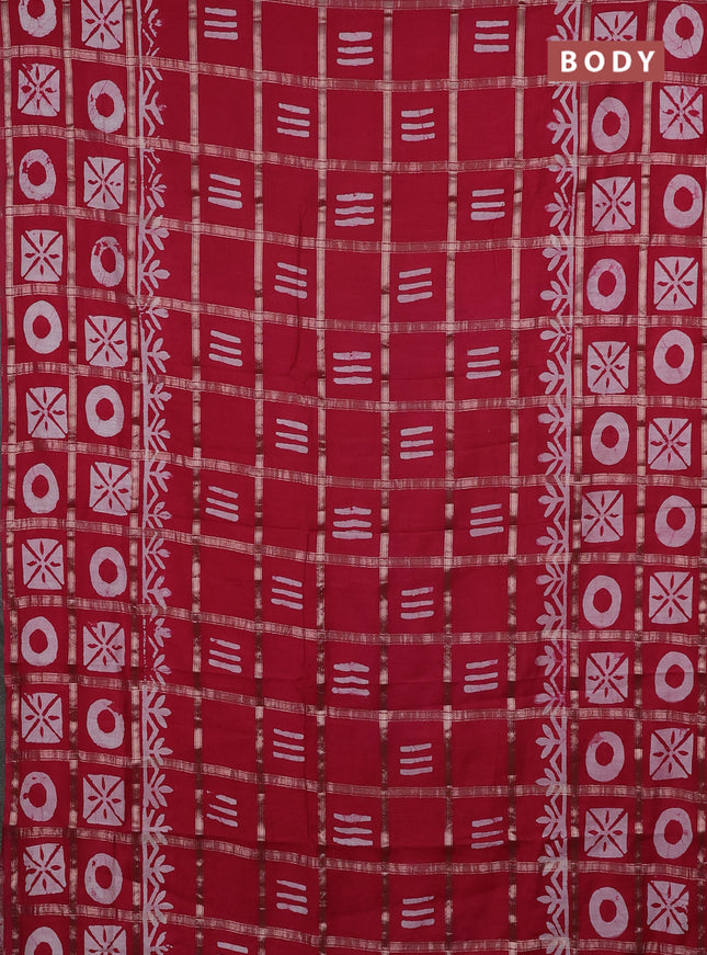 Semi chanderi saree red with allover zari checks & batik prints in borderless style