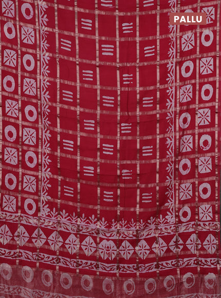 Semi chanderi saree red with allover zari checks & batik prints in borderless style