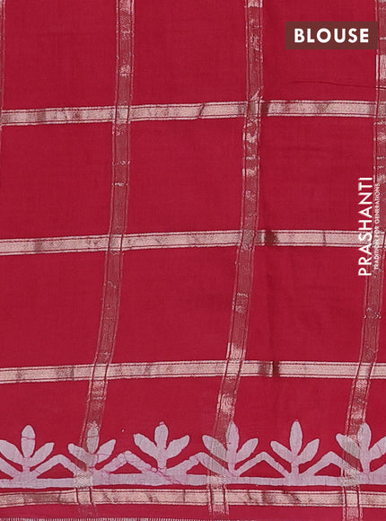 Semi chanderi saree red with allover zari checks & batik prints in borderless style