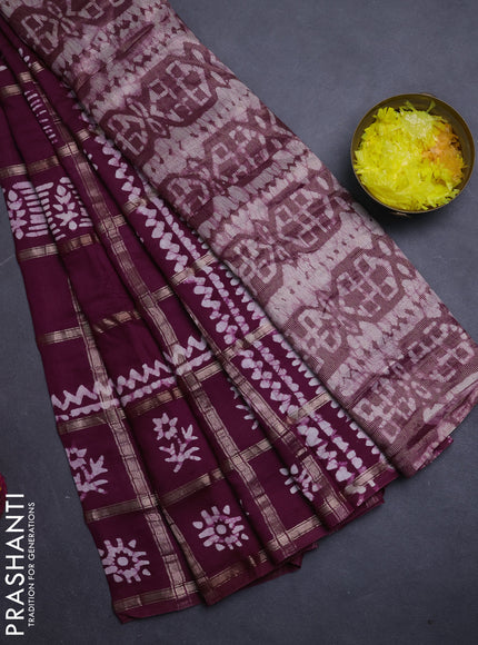 Semi chanderi saree wine shade with allover zari checks & batik prints in borderless style