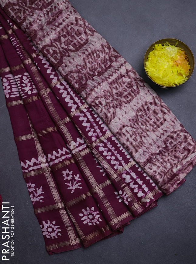 Semi chanderi saree wine shade with allover zari checks & batik prints in borderless style