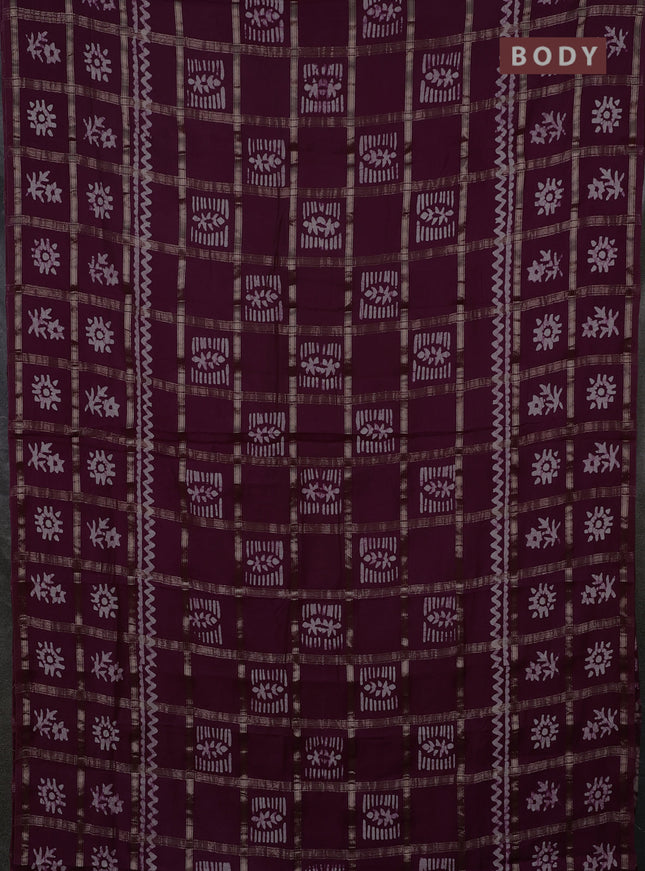 Semi chanderi saree wine shade with allover zari checks & batik prints in borderless style