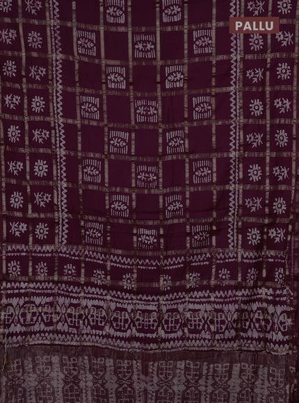 Semi chanderi saree wine shade with allover zari checks & batik prints in borderless style