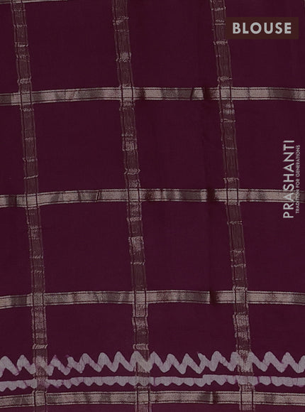 Semi chanderi saree wine shade with allover zari checks & batik prints in borderless style