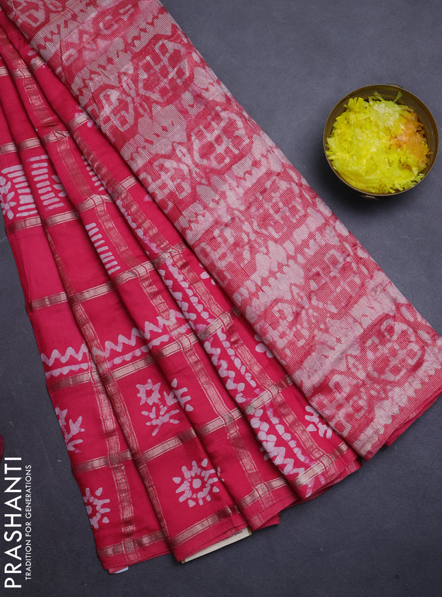 Semi chanderi saree peach pink with allover zari checks & batik prints in borderless style