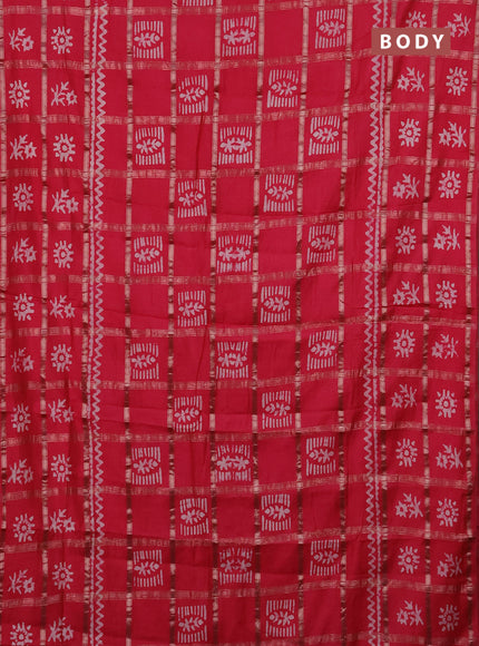 Semi chanderi saree peach pink with allover zari checks & batik prints in borderless style