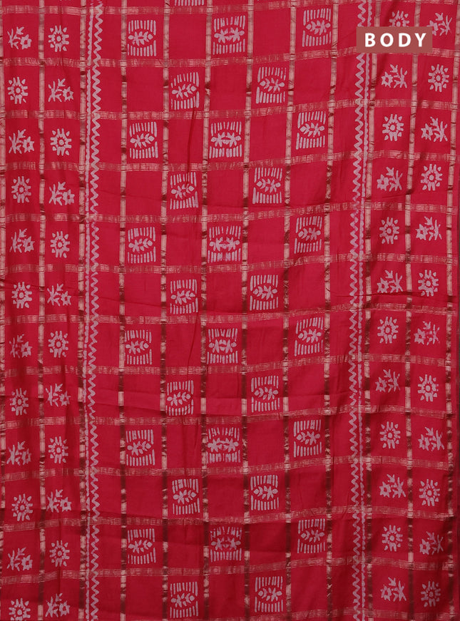 Semi chanderi saree peach pink with allover zari checks & batik prints in borderless style