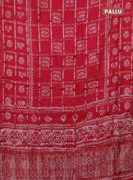 Semi chanderi saree peach pink with allover zari checks & batik prints in borderless style