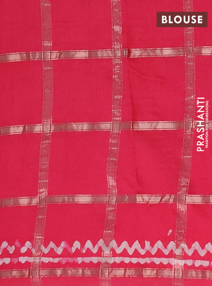 Semi chanderi saree peach pink with allover zari checks & batik prints in borderless style