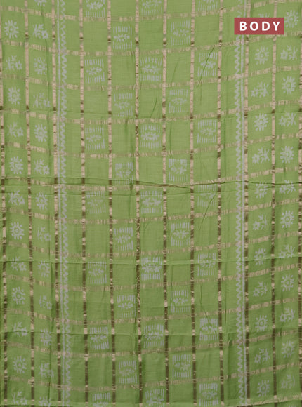 Semi chanderi saree parrot green with allover zari checks & batik prints in borderless style