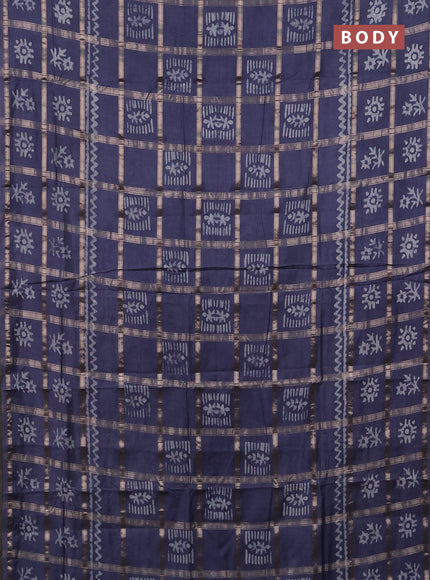 Semi chanderi saree dark grey with allover zari checks & batik prints in borderless style