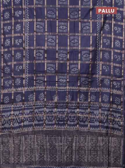 Semi chanderi saree dark grey with allover zari checks & batik prints in borderless style