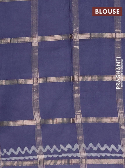 Semi chanderi saree dark grey with allover zari checks & batik prints in borderless style