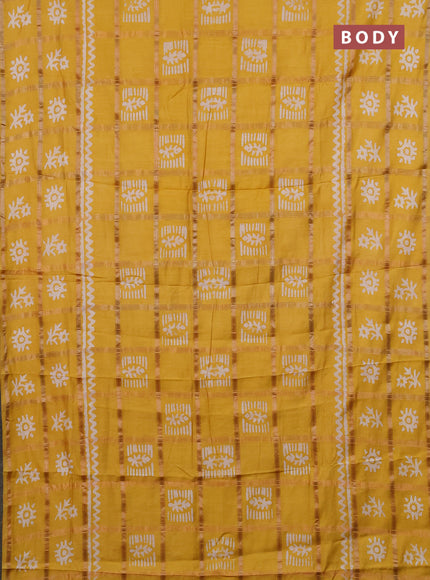 Semi chanderi saree mustard yellow with allover zari checks & batik prints in borderless style
