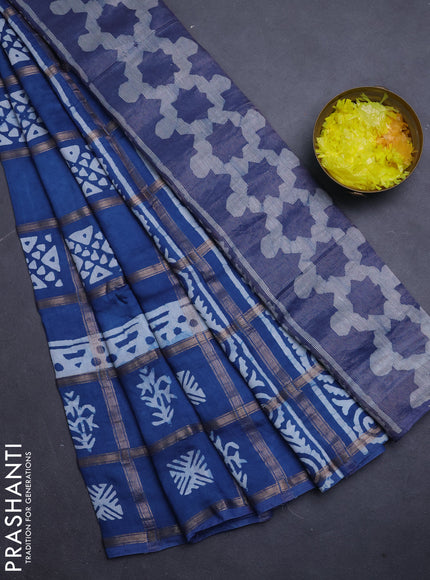 Semi chanderi saree blue and off white with allover zari checks & batik prints and batik printed border