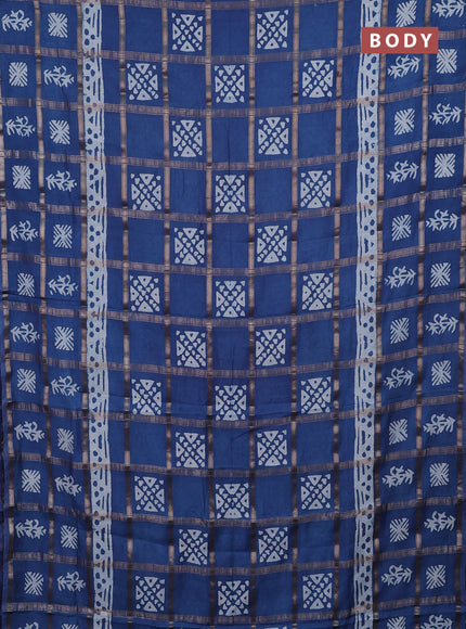 Semi chanderi saree blue and off white with allover zari checks & batik prints and batik printed border