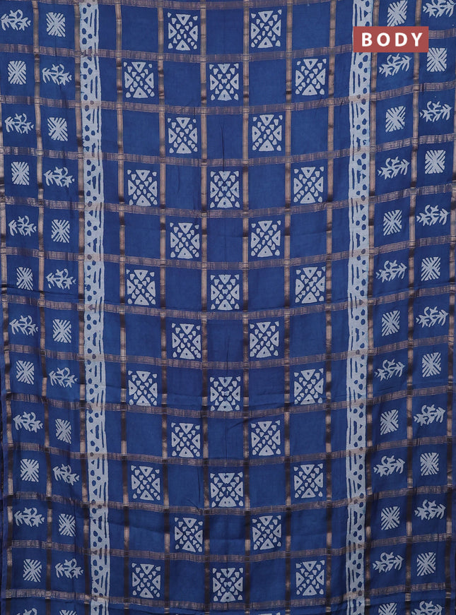 Semi chanderi saree blue and off white with allover zari checks & batik prints and batik printed border