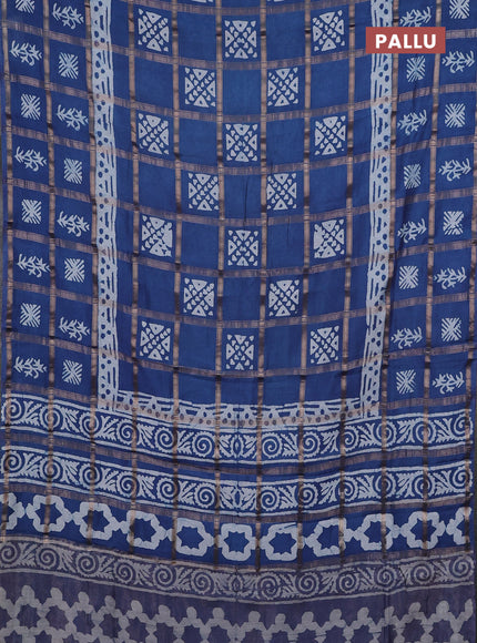 Semi chanderi saree blue and off white with allover zari checks & batik prints and batik printed border
