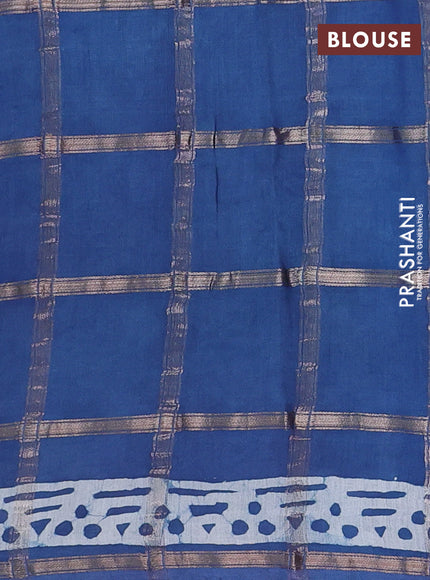 Semi chanderi saree blue and off white with allover zari checks & batik prints and batik printed border