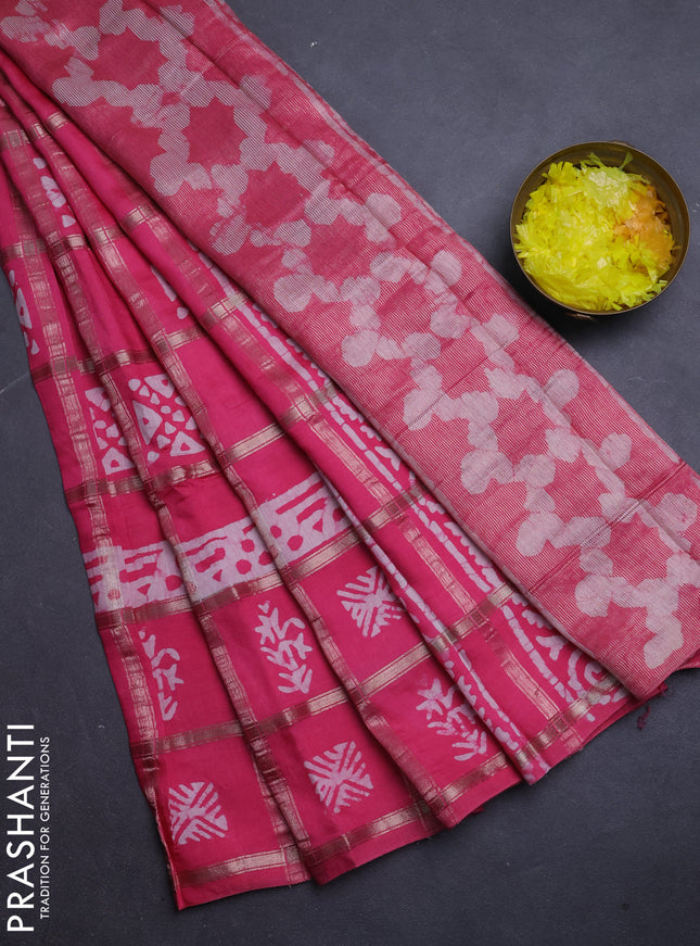 Semi chanderi saree peach pink and off white with allover zari checks & batik prints and batik printed border