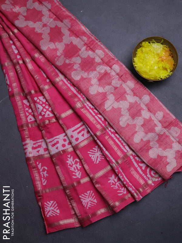 Semi chanderi saree peach pink and off white with allover zari checks & batik prints and batik printed border