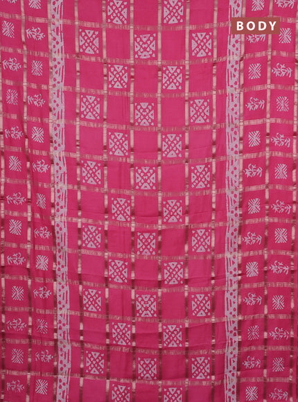 Semi chanderi saree peach pink and off white with allover zari checks & batik prints and batik printed border