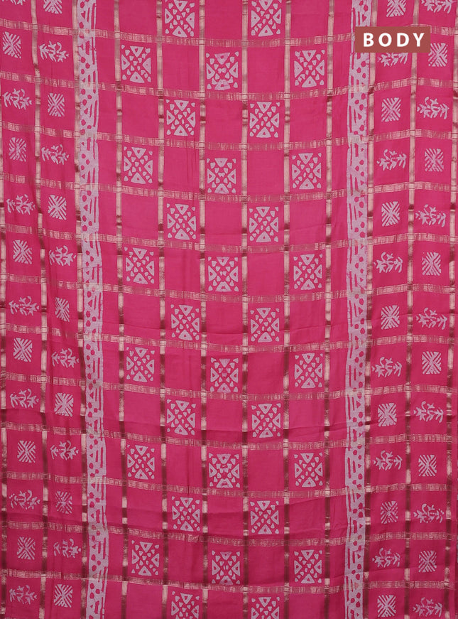 Semi chanderi saree peach pink and off white with allover zari checks & batik prints and batik printed border