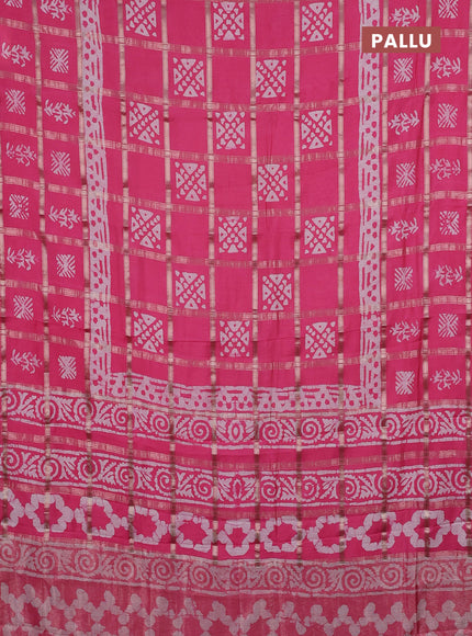 Semi chanderi saree peach pink and off white with allover zari checks & batik prints and batik printed border