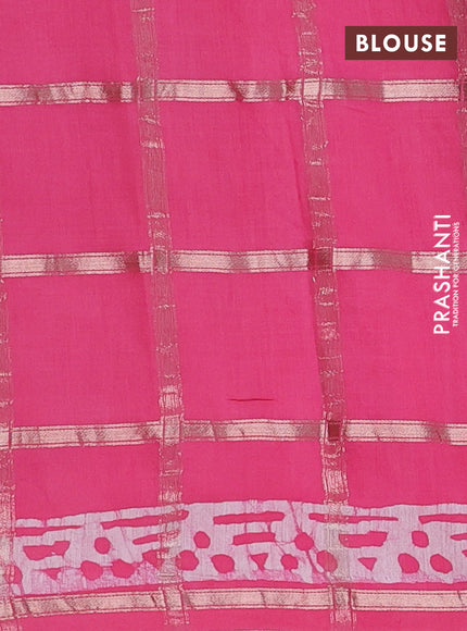 Semi chanderi saree peach pink and off white with allover zari checks & batik prints and batik printed border