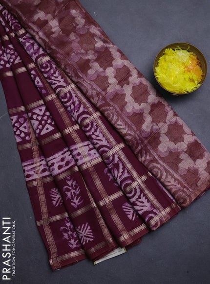 Semi chanderi saree wine shade and off white with allover zari checks & batik prints and batik printed border