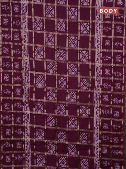 Semi chanderi saree wine shade and off white with allover zari checks & batik prints and batik printed border