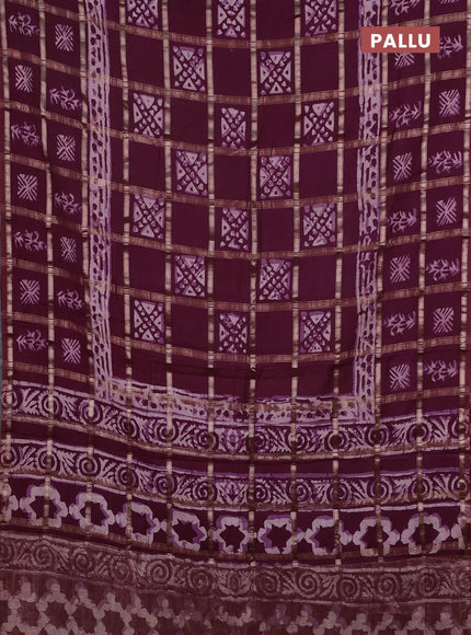 Semi chanderi saree wine shade and off white with allover zari checks & batik prints and batik printed border