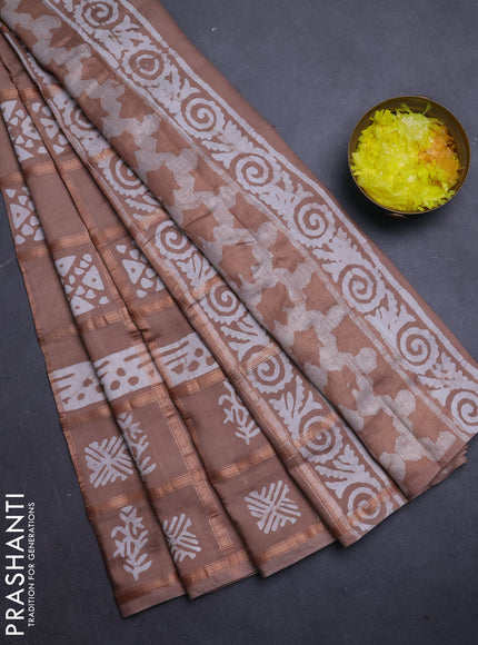 Semi chanderi saree pastel brown and off white with allover zari checks & batik prints and batik printed border