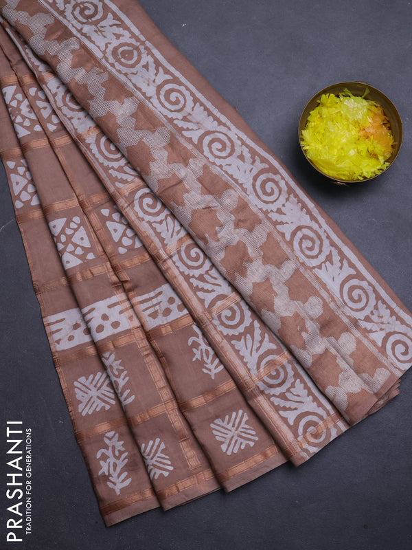 Semi chanderi saree pastel brown and off white with allover zari checks & batik prints and batik printed border