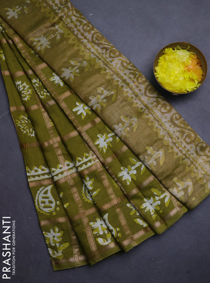 Semi chanderi saree mehendi green and off white with allover zari checks & batik prints and batik printed border