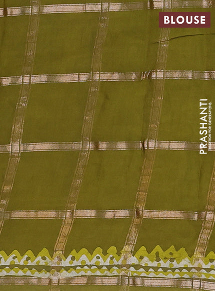 Semi chanderi saree mehendi green and off white with allover zari checks & batik prints and batik printed border