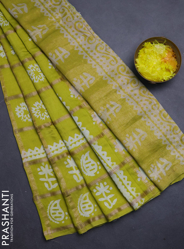 Semi chanderi saree lime yellow and off white with allover zari checks & batik prints and batik printed border